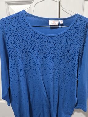 Quacker Factory Blue Scoop Neck Long Sleeve Top with Sequin Detail, 2X